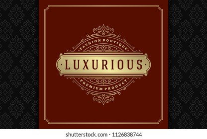 Luxury logo template vector golden vintage flourishes ornaments. Good for royal crest, boutique brand, wedding shop, hotel sign. Frame and pattern background.