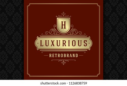 Luxury logo template vector golden vintage flourishes ornaments. Good for royal crest, boutique brand, wedding shop, hotel sign. Frame and pattern background.