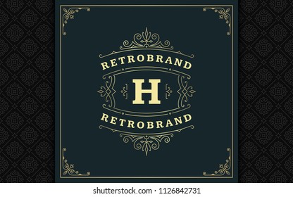 Luxury logo template vector golden vintage flourishes ornaments. Good for royal crest, boutique brand, wedding shop, hotel sign. Frame and pattern background.