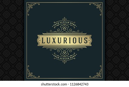 Luxury logo template vector golden vintage flourishes ornaments. Good for royal crest, boutique brand, wedding shop, hotel sign. Frame and pattern background.