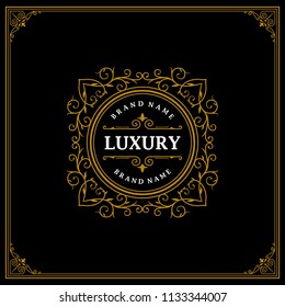 Luxury logo template vector golden vintage flourishes ornament. Good for royal crest, boutique brand, wedding shop, hotel sign logo design inspiration