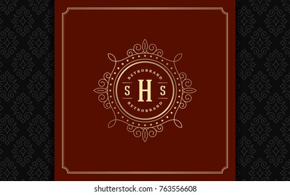 Luxury logo template vector golden vintage flourishes ornament. Good for royal crest, boutique brand, wedding shop, hotel sign. Frame and pattern background.