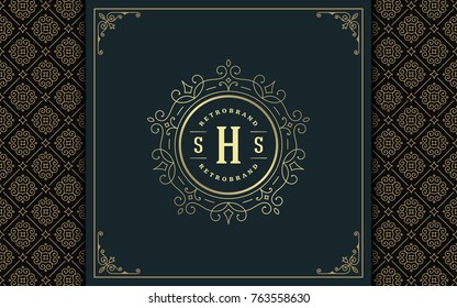 Luxury logo template vector golden vintage flourishes ornament. Good for royal crest, boutique brand, wedding shop, hotel sign. Frame and pattern background.