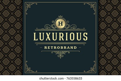 Luxury logo template vector golden vintage flourishes ornament. Good for royal crest, boutique brand, wedding shop, hotel sign. Frame and pattern background.