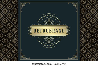 Luxury logo template vector golden vintage flourishes ornament. Good for royal crest, boutique brand, wedding shop, hotel sign. Frame and pattern background.