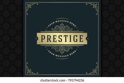 Luxury logo template vector golden vintage flourishes ornament. Good for royal crest, boutique brand, wedding shop, hotel sign. Frame and pattern background.