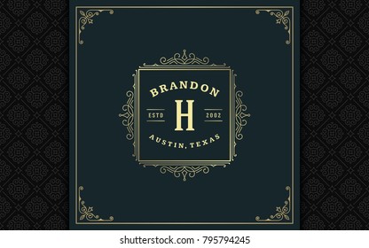 Luxury logo template vector golden vintage flourishes ornament. Good for royal crest, boutique brand, wedding shop, hotel sign. Frame and pattern background.