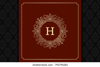 Luxury logo template vector golden vintage flourishes ornament. Good for royal crest, boutique brand, wedding shop, hotel sign. Frame and pattern background.