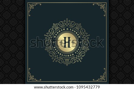Luxury logo template vector golden vintage flourishes ornament. Good for royal crest, boutique brand, wedding shop, hotel sign. Frame and pattern background.