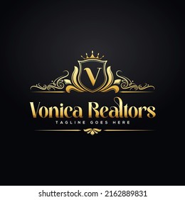 Luxury Logo template in vector for Real Estate, Elegant with crown, logo vector, V Logo