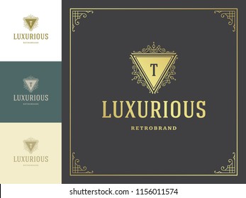 Luxury logo template vector vintage flourishes ornaments. Good for royal crest, boutique brand, hotel sign with flourish frame luxury template.