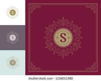Luxury logo template vector vintage flourishes ornaments. Good for royal crest, boutique brand, hotel sign with flourish frame luxury template.