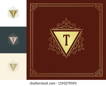 Luxury logo template vector vintage flourishes ornaments. Good for royal crest, boutique brand, hotel sign with flourish frame luxury template.