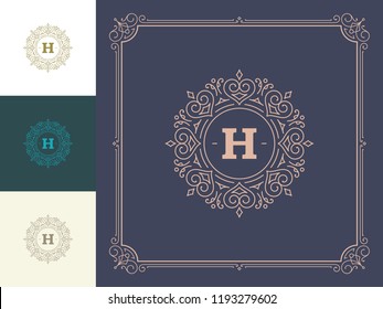 Luxury logo template vector vintage flourishes ornaments. Good for royal crest, boutique brand, hotel sign with flourish frame luxury template.