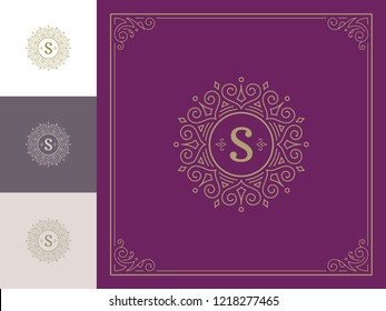 Luxury logo template vector vintage flourishes ornaments. Good for royal crest, boutique brand, hotel sign with flourish frame luxury template.