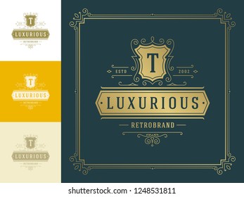 Luxury logo template vector vintage flourishes ornaments. Good for royal crest, boutique brand, hotel sign with flourish frame luxury template.