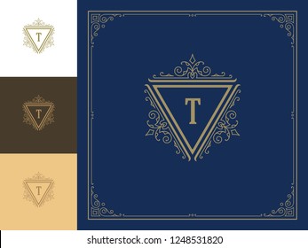 Luxury logo template vector vintage flourishes ornaments. Good for royal crest, boutique brand, hotel sign with flourish frame luxury template.