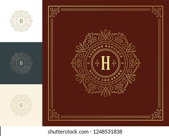 Luxury logo template vector vintage flourishes ornaments. Good for royal crest, boutique brand, hotel sign with flourish frame luxury template.