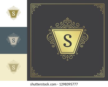 Luxury logo template vector vintage flourishes ornaments. Good for royal crest, boutique brand, hotel sign with flourish frame luxury template.