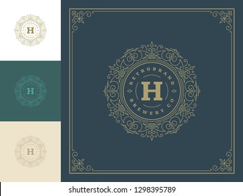 Luxury logo template vector vintage flourishes ornaments. Good for royal crest, boutique brand, hotel sign with flourish frame luxury template.