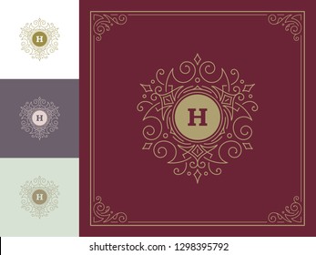 Luxury logo template vector vintage flourishes ornaments. Good for royal crest, boutique brand, hotel sign with flourish frame luxury template.