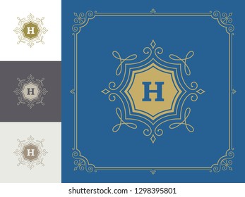 Luxury logo template vector vintage flourishes ornaments. Good for royal crest, boutique brand, hotel sign with flourish frame luxury template.