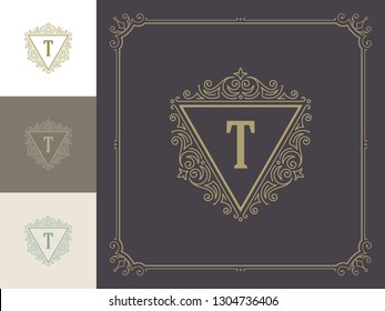 Luxury logo template vector vintage flourishes ornaments. Good for royal crest, boutique brand, hotel sign with flourish frame luxury template.