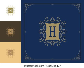 Luxury logo template vector vintage flourishes ornaments. Good for royal crest, boutique brand, hotel sign with flourish frame luxury template.