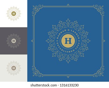 Luxury logo template vector vintage flourishes ornaments. Good for royal crest, boutique brand, hotel sign with flourish frame luxury template.