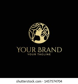 luxury logo template of woman's face with abstract curly hair in gold color