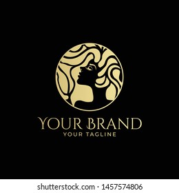 luxury logo template of woman's face with abstract curly hair in gold color