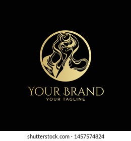 luxury logo template of woman's face with abstract leaf hair in gold color