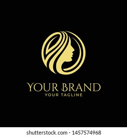 luxury logo template of woman's face and hair in round shape and gold color