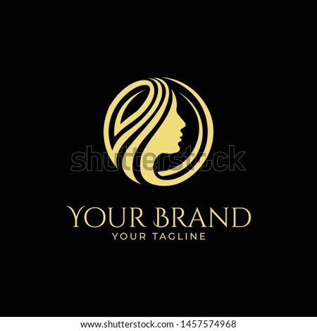luxury logo template of woman's face and hair in round shape and gold color