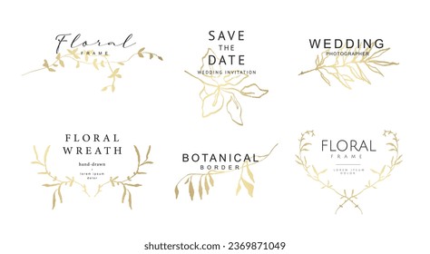 Modelos de logotipo de lujo con ramas doradas dibujadas a mano, flores y hojas. Elegante y delicado marco floral vectorial para etiqueta, identidad corporativa, invitación a la boda, guardar la fecha