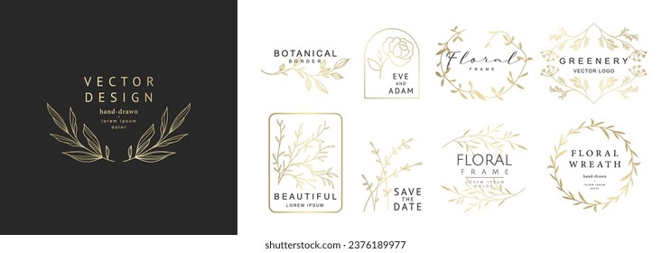 Luxury logo templates with hand drawn golden branches, flowers and leaves. Elegant delicate vector floral frame for label, corporate identity, wedding invitation, save the date