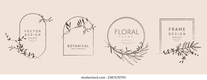 Luxury logo templates with hand drawn trendy plant, branch, flower and leaf elements in line sketch style. Elegant vector floral frame for label, corporate identity, wedding invitation, save the date