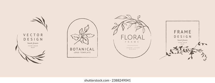 Luxury logo templates with hand drawn trendy plant, branch, flower and leaf elements in line sketch style. Elegant vector floral frame for label, corporate identity, wedding invitation, save the date