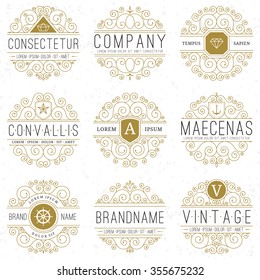 Luxury logo templates set in vintage style. Line art retro monograms, insignias, emblems, logotypes, labels with elegant floral ornamental design elements. Vector illustration