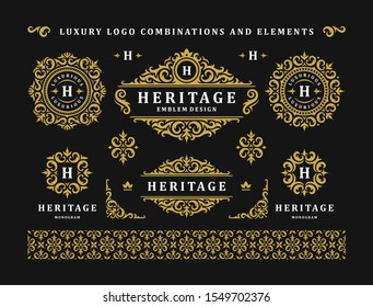 Luxury logo vintage ornament monograms and crest templates design vector illustration set. Royal brand vignettes ornate good for boutique or restaurant logotype.