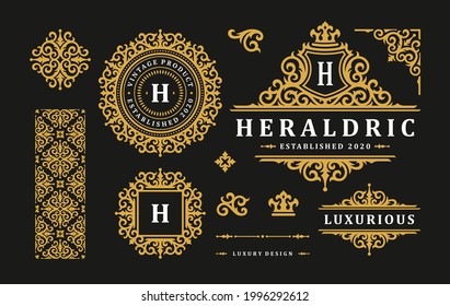 Luxury logo vintage ornament monograms and crest templates design vector illustration set. Royal brand vignettes ornate good for boutique or restaurant logotype.