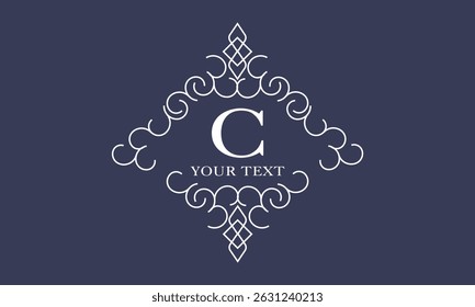 Luxury logo in vintage style with letter C in the center. Linear vector monogram, frame, label, emblem with ornament for boutique or hotel design.