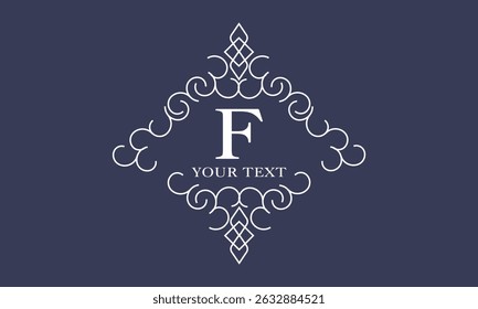 Luxury logo in vintage style with letter F in the center. Linear vector monogram, frame, label, emblem with ornament for boutique or hotel design.