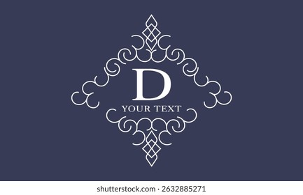 Luxury logo in vintage style with letter D in the center. Linear vector monogram, frame, label, emblem with ornament for boutique or hotel design.