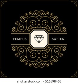Luxury logo in vintage style. Line art retro monogram, insignia, emblem, logotype, label with elegant floral ornamental design elements. Vector illustration