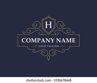 Luxury logo in vintage style. Linear vector monogram, frame, label, emblem with retro ornament. Decorative element for boutique or hotel design concept.