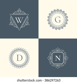 Luxury logo vintage thin line template concept pictogram set. Floral calligraphic elegant ornament linear emblem. Premium quality retro fashion outline sign vector illustration.