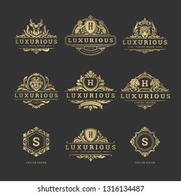 Luxury Logos Monograms Crest Design Templates Set Vector Illustration. Royal Brands Vintage Vignette Ornaments.