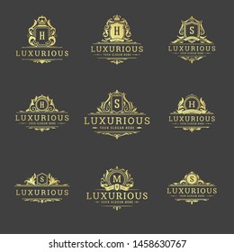 Luxury logos and monograms crest design templates set vector illustration. Royal emblems vintage vignette ornate ornaments.