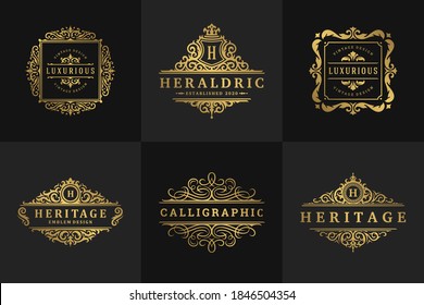 Luxury logos and monograms crest design templates set vector illustration. Calligraphic ornate vignettes for royal fashion brand, hotel sign, boutique or restaurant logotype.